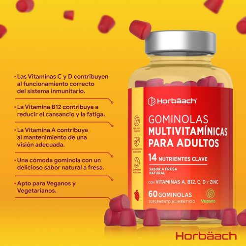 Gominolas Multivitaminas Y Minerales | 14 Multivitaminas Y Minerales Con Vitamina A, B12, C, D Y Zinc | 60 Gummies Sabor Fresa | De Horbaach
