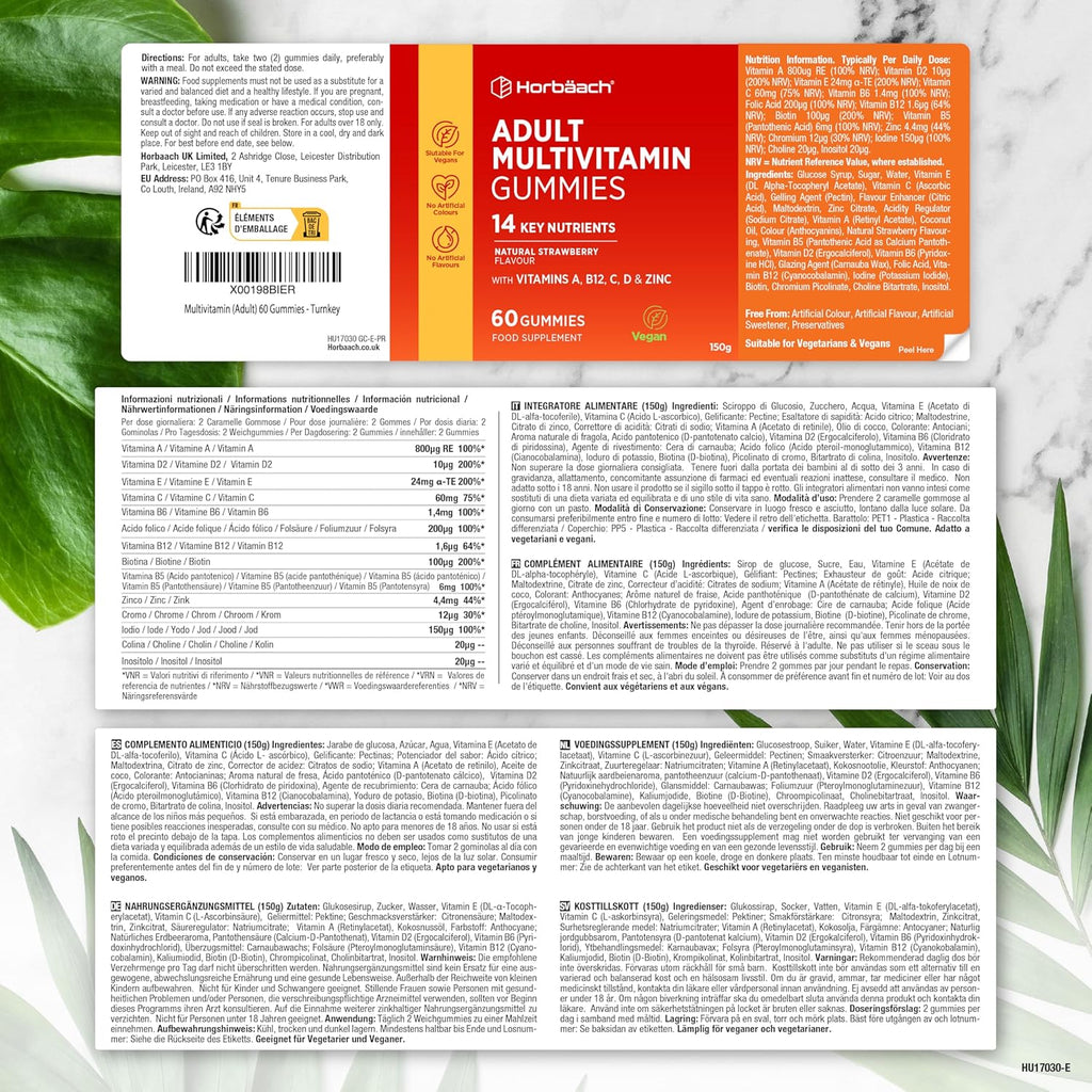 Gominolas Multivitaminas Y Minerales | 14 Multivitaminas Y Minerales Con Vitamina A, B12, C, D Y Zinc | 60 Gummies Sabor Fresa | De Horbaach